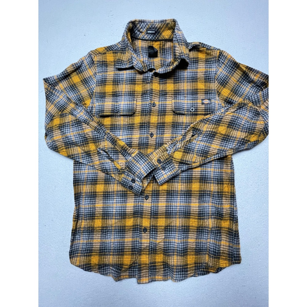 Dickies Flannel Shirt Cotton Blend Yellow Grey Plaid Size Small Mens